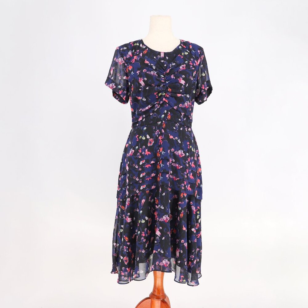 JASON WU Floral Chiffon Dress Flutter Sleeve Tiered Ruched Bodice Size 10
